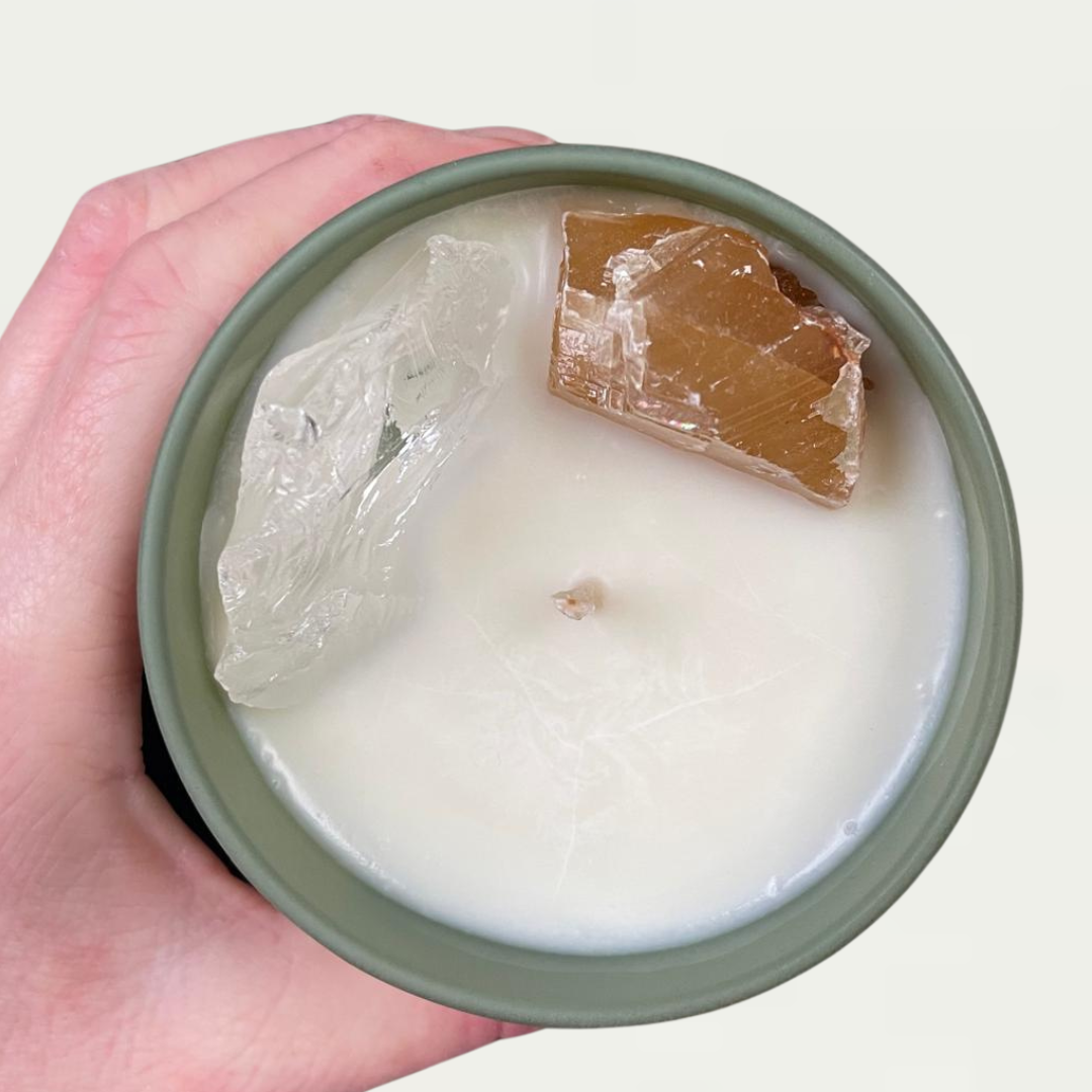 Balance Edelstenen kaars - Honing Calciet - DOTerra Essentiële olie - Olijf kleur